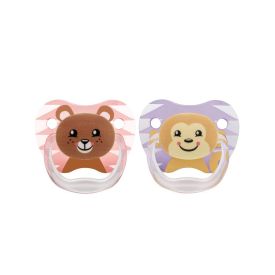 Dr Brown's PreVent Printed Shield Soother Stage 2, Animal Faces (Bear & Monkey - Pink & Purple), 2-Pack
